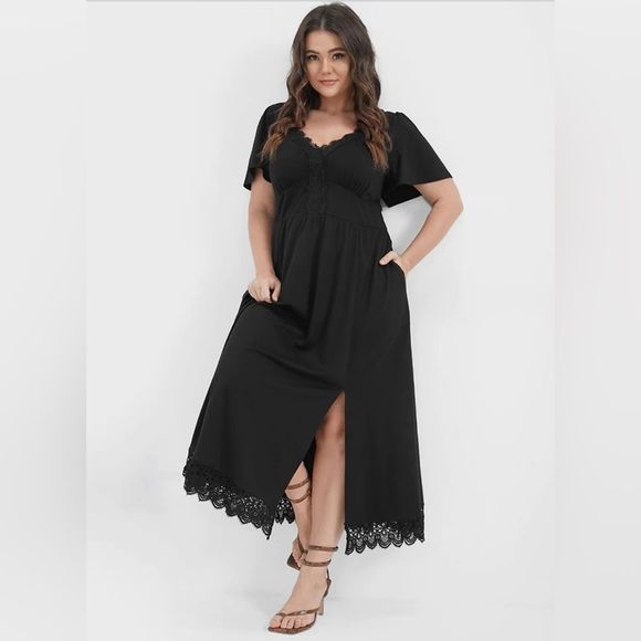 BloomChic Dresses & Skirts - NWT Solid w/ Pockets Lace Split Maxi Dress BLACK Bloomchic 12 Lg SOLD OUT ONLINE